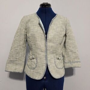 Blue & Green Cotton Linen Blend Bow Accent Blazer Size 0
